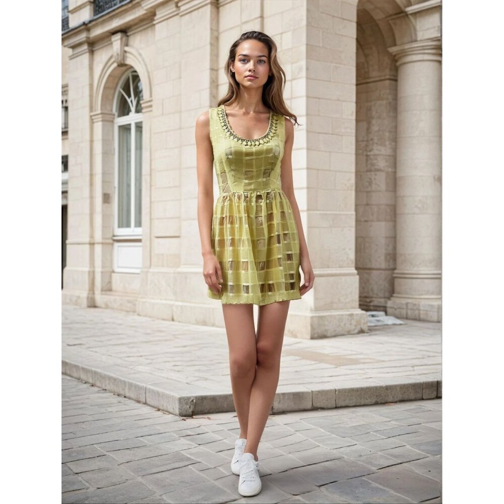 Lucyparis Women's Butter Yellow Beaded Neckline Mini Dress Artsy Parisian Size M